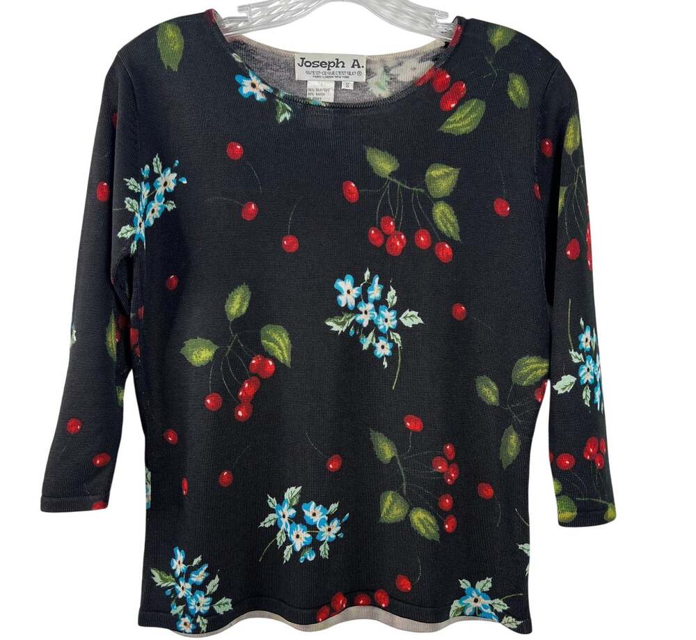 Joseph A. Vintage Women Silk Chic Top Cherry Blue-Floral Y2K Short Sleeve Size S